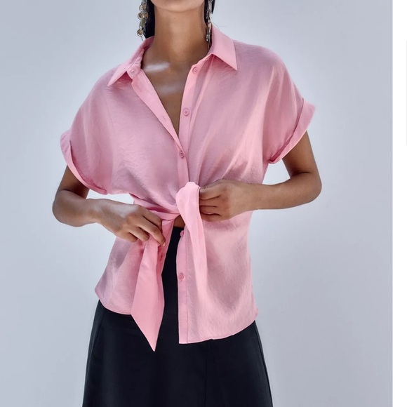 Zara Tops - Zara Shirt Top Knotted Short Sleeve Pink Collared Basic Women L 3522/535 New